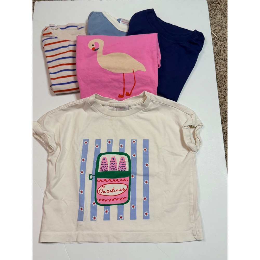 Hanna Andersson Girls Graphic T-Shirt Bundle Size 4 Flamingo Sardines 5pc Lot